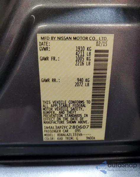 2015 Nissan Altima 2.5 from USA, damaged, VIN 1N4AL3AP2FC280607